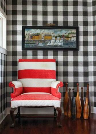 Wallpaper Upholstered Wall Red White Stripe Quilted Wing Back Armchair