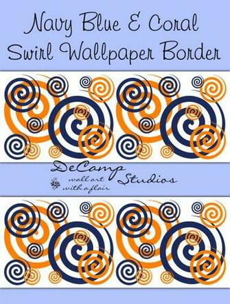 Navy Blue Swirls Border Coral Orange Swirly Twirly Wallpaper