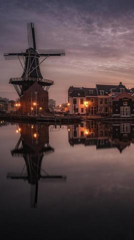 Haarlem Netherlands Houses Lights River Windmill Clouds