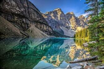 Lake Mountains Trees Landscape Moraine Canada Alberta Banff