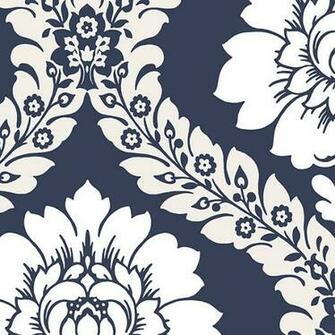 Floral Damask Navy Blue White Bolt Traditional Wallpaper