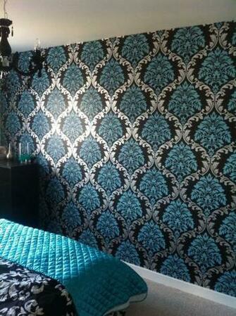 Damask Aqua Blue Teal Silver Black Wallpaper Feature Wall