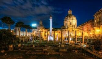 Italy Ruins Famous Buildings Trajans Forum Rome Night Cities Wallpaper