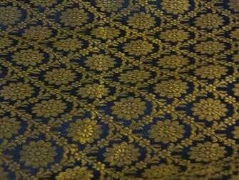 Spun Silk Brocade Fabric Metallic Gold Dark Navy Blue Color