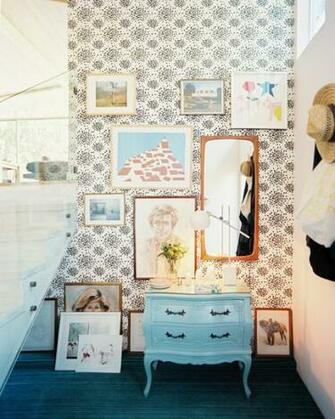 Modern Staircase Wallpaper In An Entryway Mixed With Art And A Blue