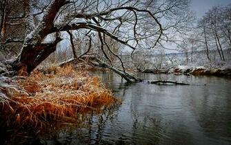 Late Autumn Shore First Snow Nature Winter HD Desktop Wallpaper