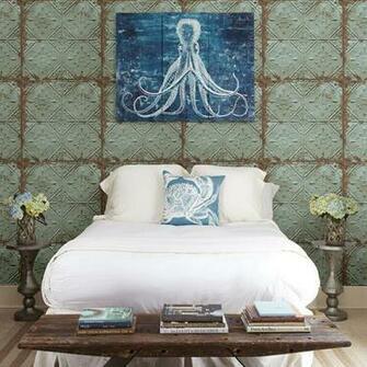 Tin Ceiling Teal Distressed Tiles Wallpaper Industrial Bedroom