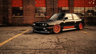 Bmw E30 M3 Black Orange Brick Building Wide HD Wallpaper