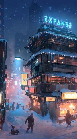 City Winter Digital Art Mobile Wallpaper Snow People HD