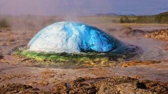 Strokkur Geyser Water Explosion Geothermal Area Along The River