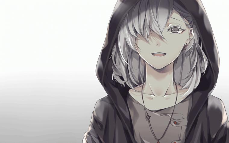 Anime Boy White Hair Hoodie Smiling