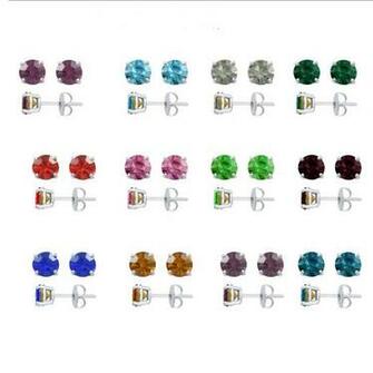 Comsolid Sterling Silver Basket Set 6mm Round Crystal Birthstone Stud