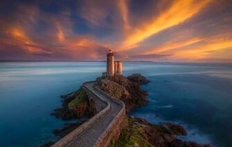 Wallpaper Sea Clouds France Lighthouse Tower Glow Brittany