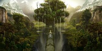 Bridge Fantasy Forest Tree Waterfall High Resolution HD Wallpaper Of
