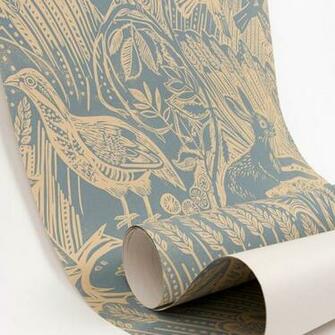 Mark Hearld Harvest Hare Wallpaper In Blue Slate