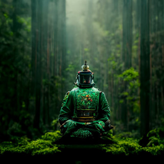 Prompthunt Green Samurai Sitting In The Middle Of A Black Forest