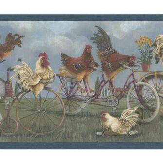 Retro Art White Roosters Brown Hens On Bikes Vintage Prepasted