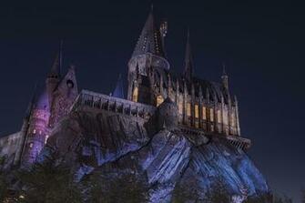 Landscape Castle Hogwarts Night Lights Trees Dark