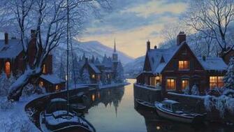Wallpaper Winter Village River HD Desktop