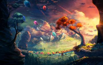 Art Autumn Bridge Leaves Trees Original Fantasy Wallpaper