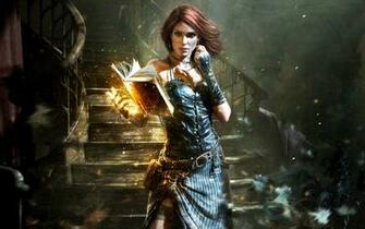 Redhead Magic Book Fantasy Witch Wallpaper Background