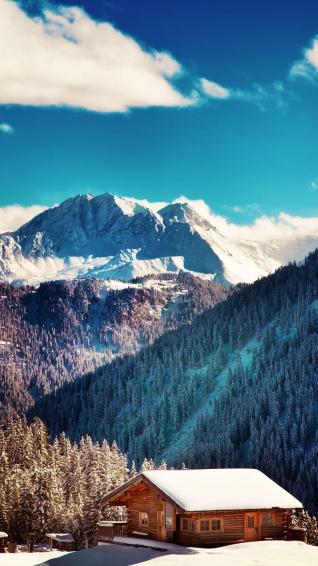 Mountains Chalet Winter Landscape iPhone Plus HD Wallpaper