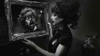 Scary Reflection Mirror Dark Horror Women Females Girls Blood Cats