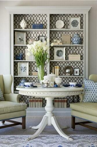 Line Back Of Bookcases Or Shelves With Fabric Wallpaper