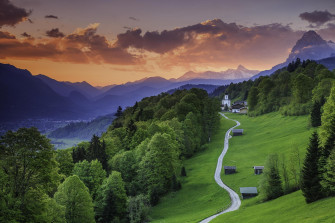 Nature Landscape Mountain Clouds Trees Forest House Road Church Valley Hill Building Wallpaper