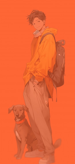 Anime Boy With Dog Orange Wallpaper Cute