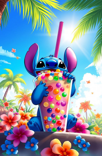 Stitch Drinking Boba Wallpaper
