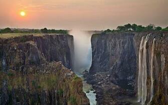 Wallpaper Waterfall Sunset Mountains Cliff Victoria Falls
