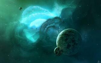 Planet Stars Green Nebula Wallpaper