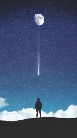 Moon Starry Sky Silhouette Falling Stars Wallpaper