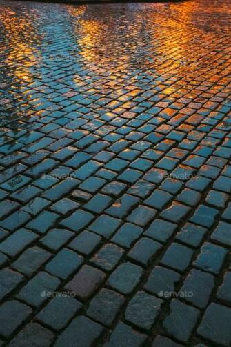 Old Streets Cobblestone Abstract Background Wet Stones In Eveni