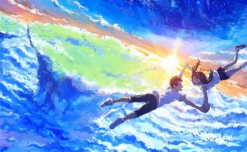 Wallpaper Digital Art Anime Sky Sunrise Clouds Falling