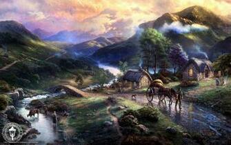 Wallpaper Thomas Kinkade Painting Village Home Desktop