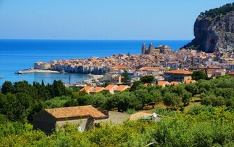 Sicily Italy Sea City Town Mountain Houses Trees Wallpaper
