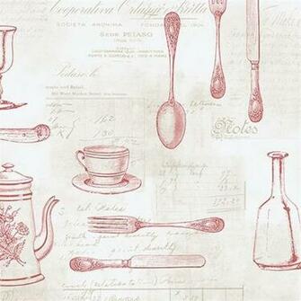 Shabby Chic Vintage Kitchen Wallpaper Cups Tea Knife Fork Spoon Red