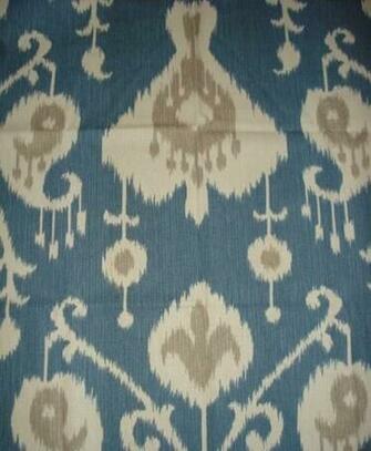 Stan Cathell Magnolia Java Blue Tan Latte Cream Ikat Print Fabric