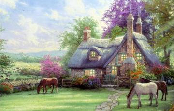 Wallpaper Nature House Horses Painting Thomas Kinkade