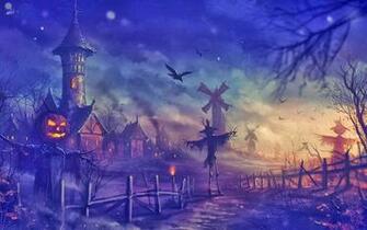 Pumpkin Halloween Scarecrow Crow Vilage HD Wallpaper 17a