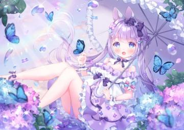 Purple Hair Umbrella Blue Eyes Lolita Fashion Anime Girls