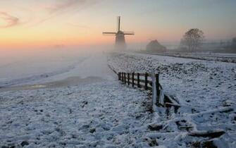 Snow Fields Windmill Fences Wallpaper