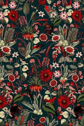 Eden Nightfall Fabulous Botanical Wallpaper Pattern With Red