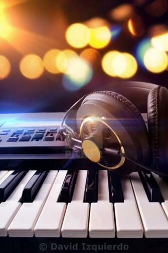 Synthesizer And Headphones With Background Lights In Concert Front