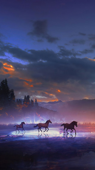 Sunset Horse Scenery Digital Art Animals Rare