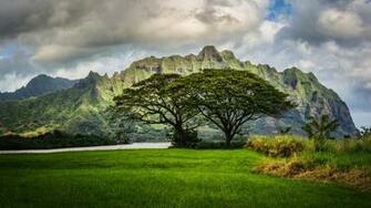 Mountains Trees Oahu Hawaii Landscape Clouds Wallpaper Background