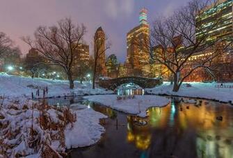 Man Made Central Park Night New York Usa Winter Snow Bridge