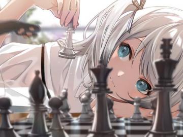Anime Girls Blonde Chess Cats Blue Eyes Ribbons Long